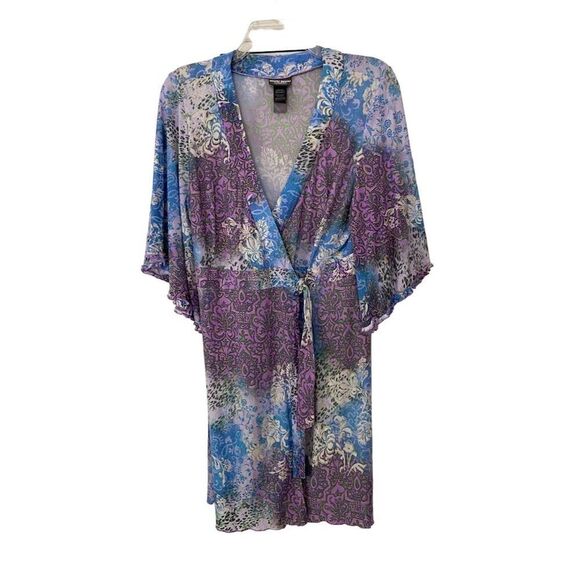 Bisou Bisou Kimono Robe Floral Bell Sleeve Wrap Tie Size L Multicolor - Picture 1 of 13